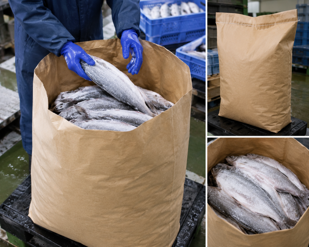 冷凍魚を大型クラフト紙袋に入れて輸送するイメージ